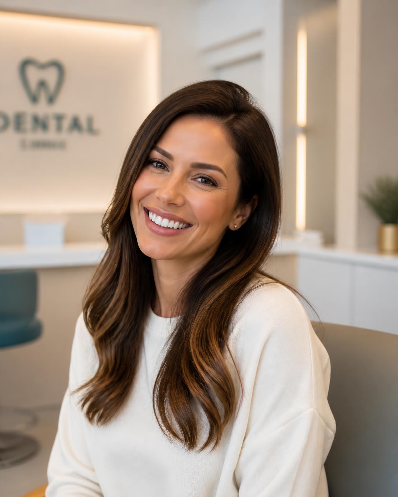 Paciente sorrindo após avaliação para clareamento dental em consultório odontológico em Uberlândia